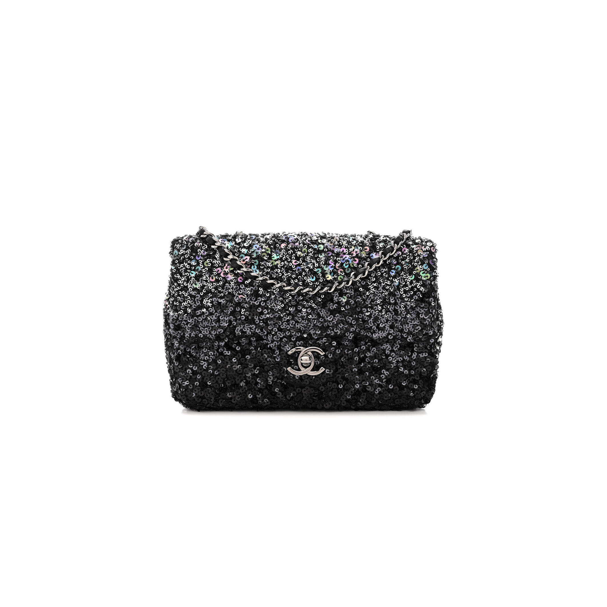CHANEL SEQUIN MINI RECTANGULAR FLAP BLACK SILVER AS3965 (20*15*7cm)